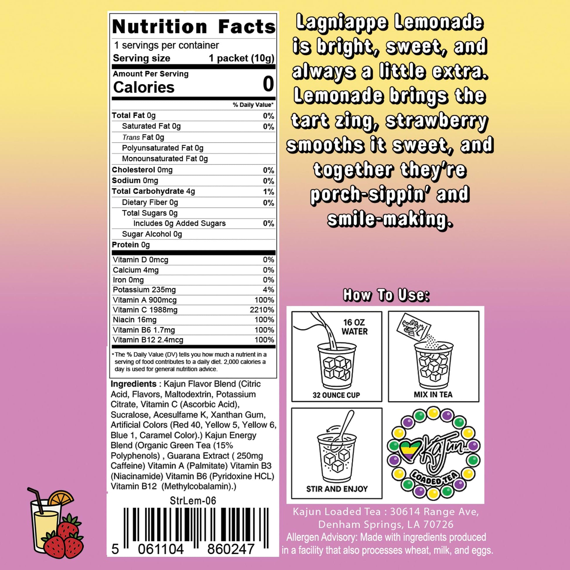 Nutrition Facts panel confirms 0 Calories, 0 Sugar, 1988mg Vitamin C, and contains instructions and flavor text for the Strawberry Lemonade loaded tea.