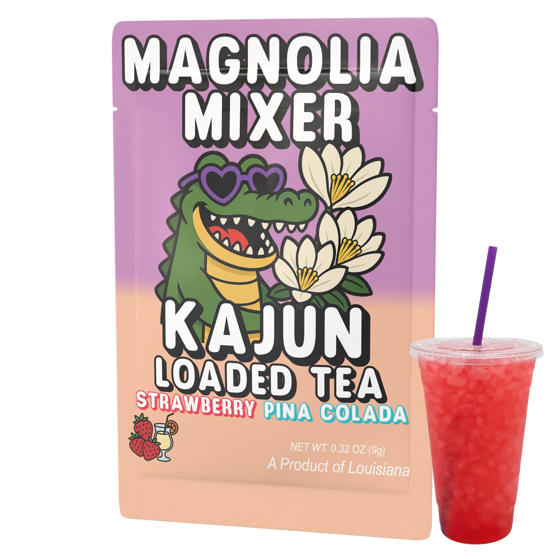 A large Magnolia Mixer tea packet with a fun gator illustration placed next to a filled pink drink cup.