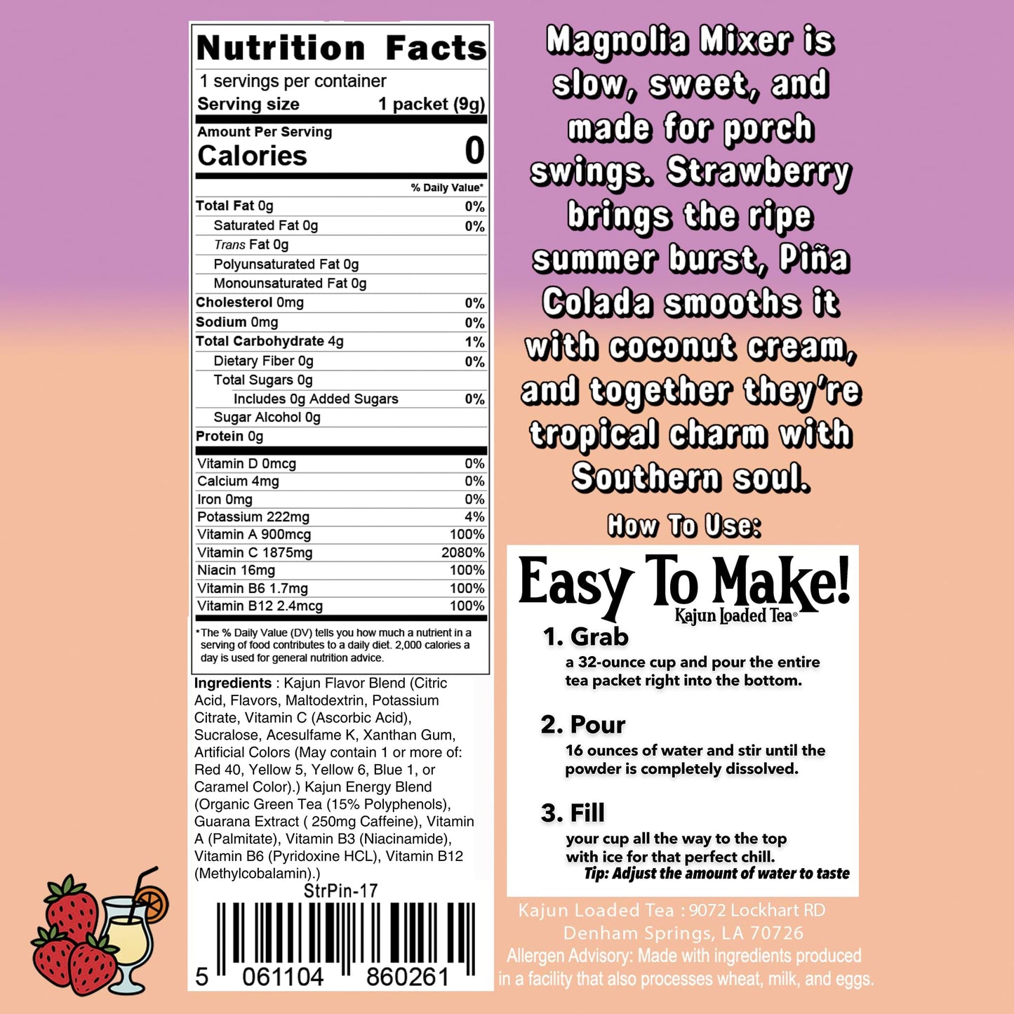 The back view of the Magnolia Mixer packet showing its nutrition label, tropical flavor notes, and step-by-step mixing guide.