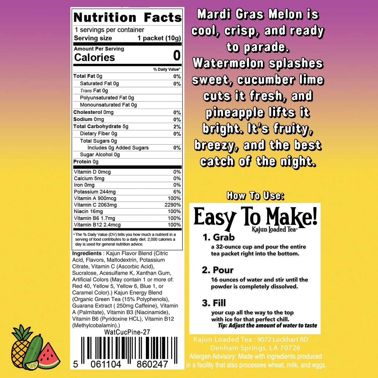 The back view of the Mardi Gras Melon packet shows its Nutrition Facts confirming 0 Calories, 0 Sugar, and 2063mg Vitamin C, along with the flavor description and step-by-step mixing guide.