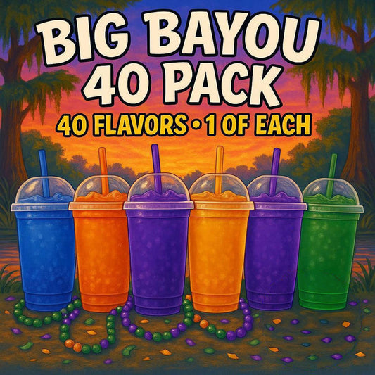 Promotional graphic for Big Bayou 40 Pack with colorful drinks and a tropical background. Text reads "Big Bayou 40 Pack. 40 Flavors, 1 of Each."