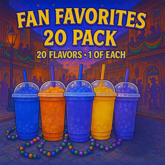 Promotional graphic for a 'Fan Favorites 20 Pack' with colorful drinks and a festive background. Text reads "Fan Favorites 20 Pack. 20 flavors, 1 of each."