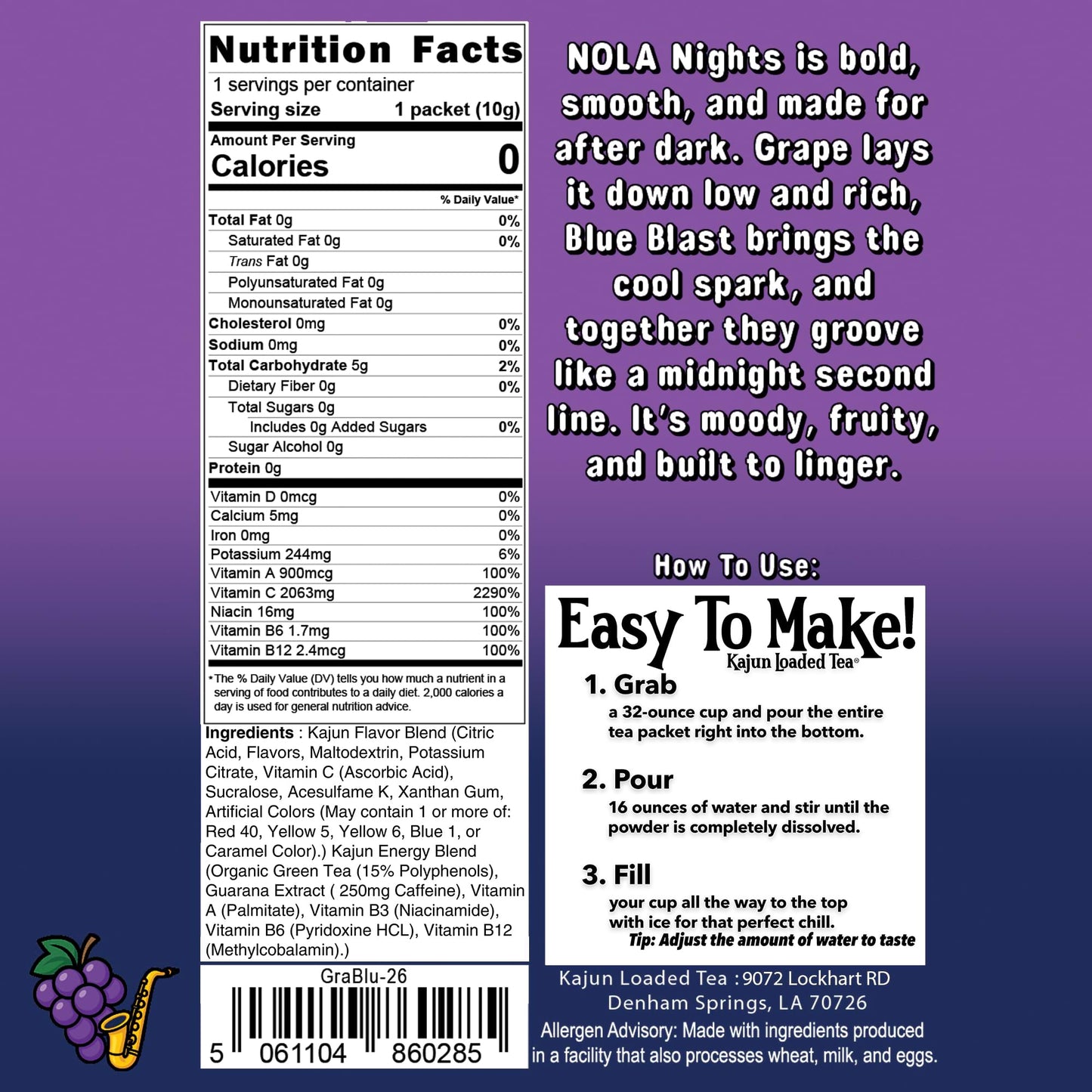 Nutrition Facts panel showing 0 Calories, 0 Sugar, 2063mg Vitamin C, plus instructions and flavor text for the Grape Blue Blast loaded tea.