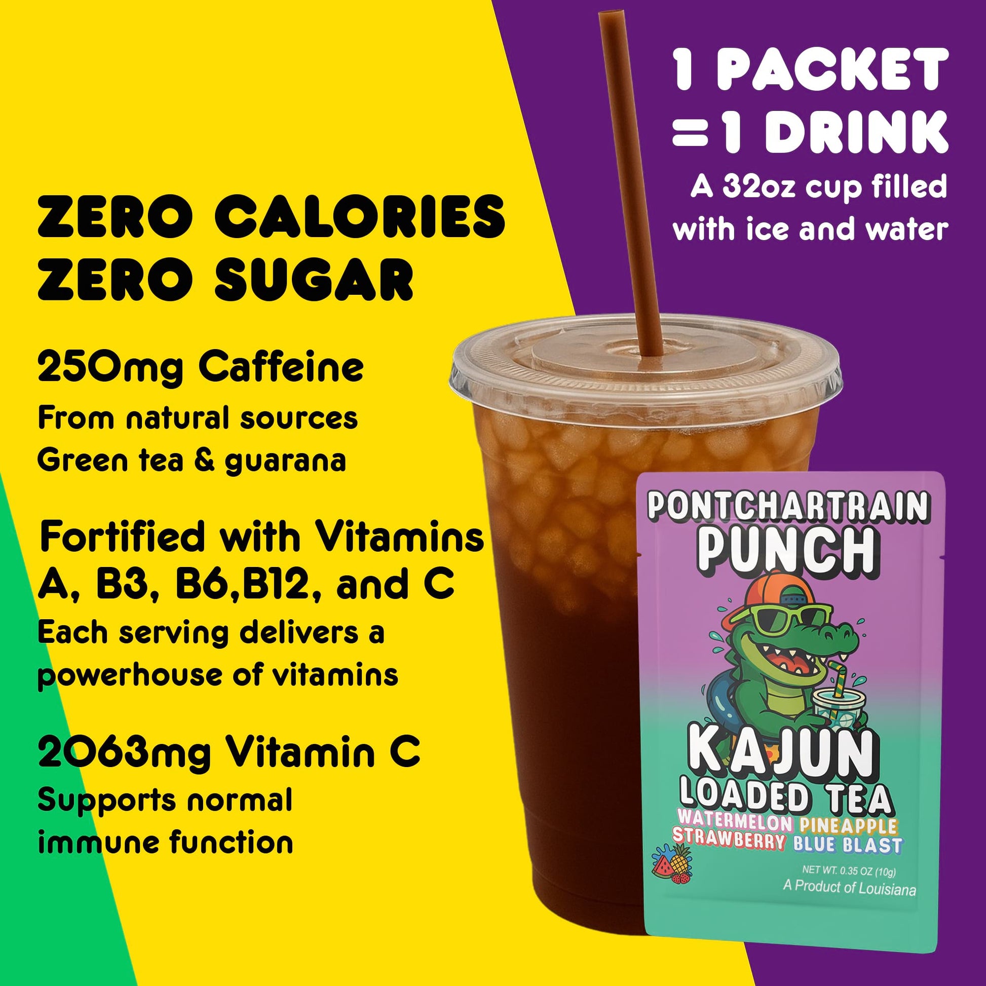 A prepared cup of the dark amber loaded tea highlighting 250mg Caffeine, 0 Calories, 0 Sugar, and 2025mg Vitamin C next to a single packet.