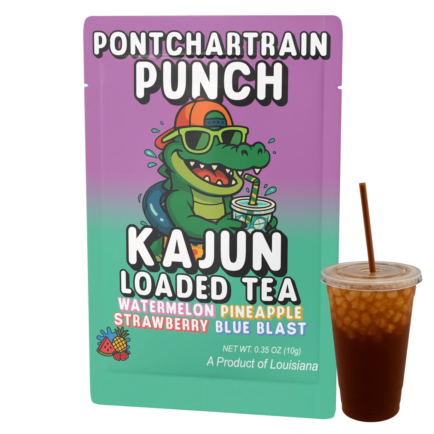 Kajun Loaded Tea Pontchartrain Punch packet and a cup of the dark amber loaded tea, showcasing the alligator mascot and the Watermelon Pineapple Strawberry Blue Blast flavor.