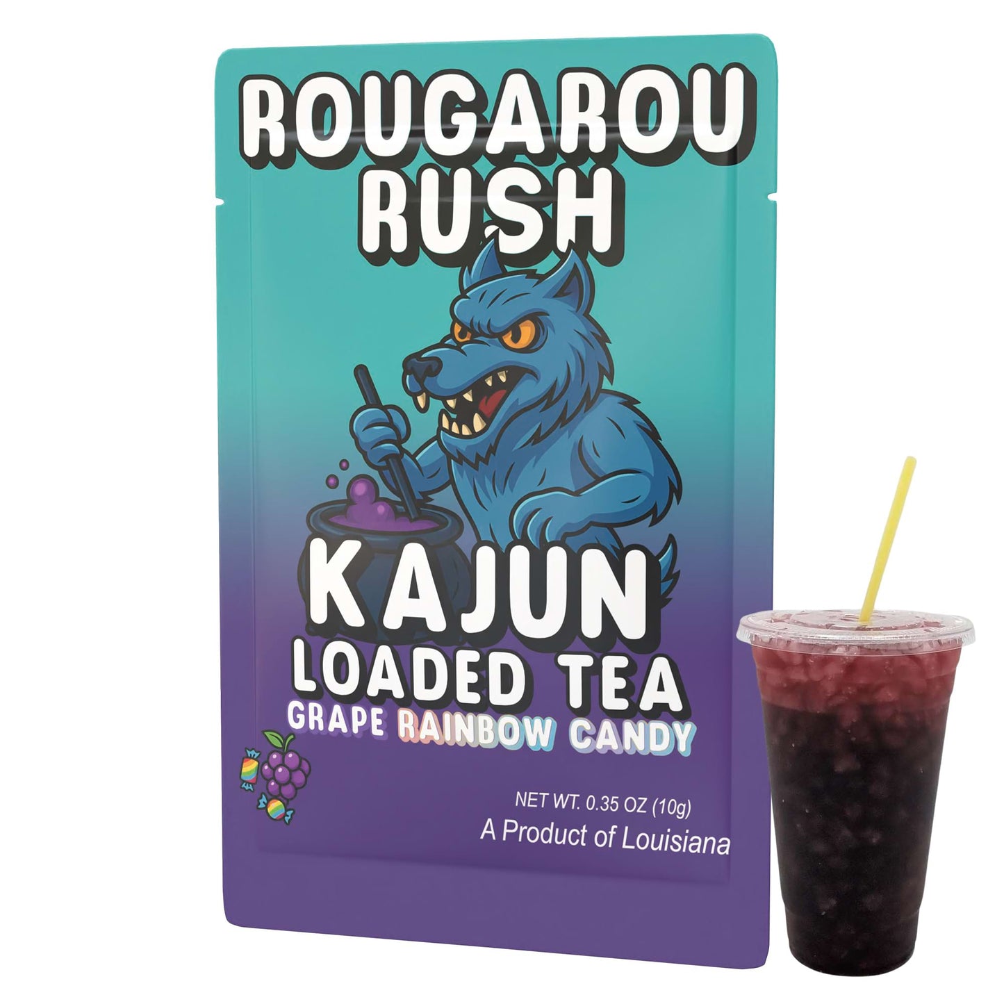 The single Rougarou Rush packet and a cup of the dark purple and red layered loaded tea, showcasing the blue werewolf mascot and the Grape Rainbow Candy flavor.