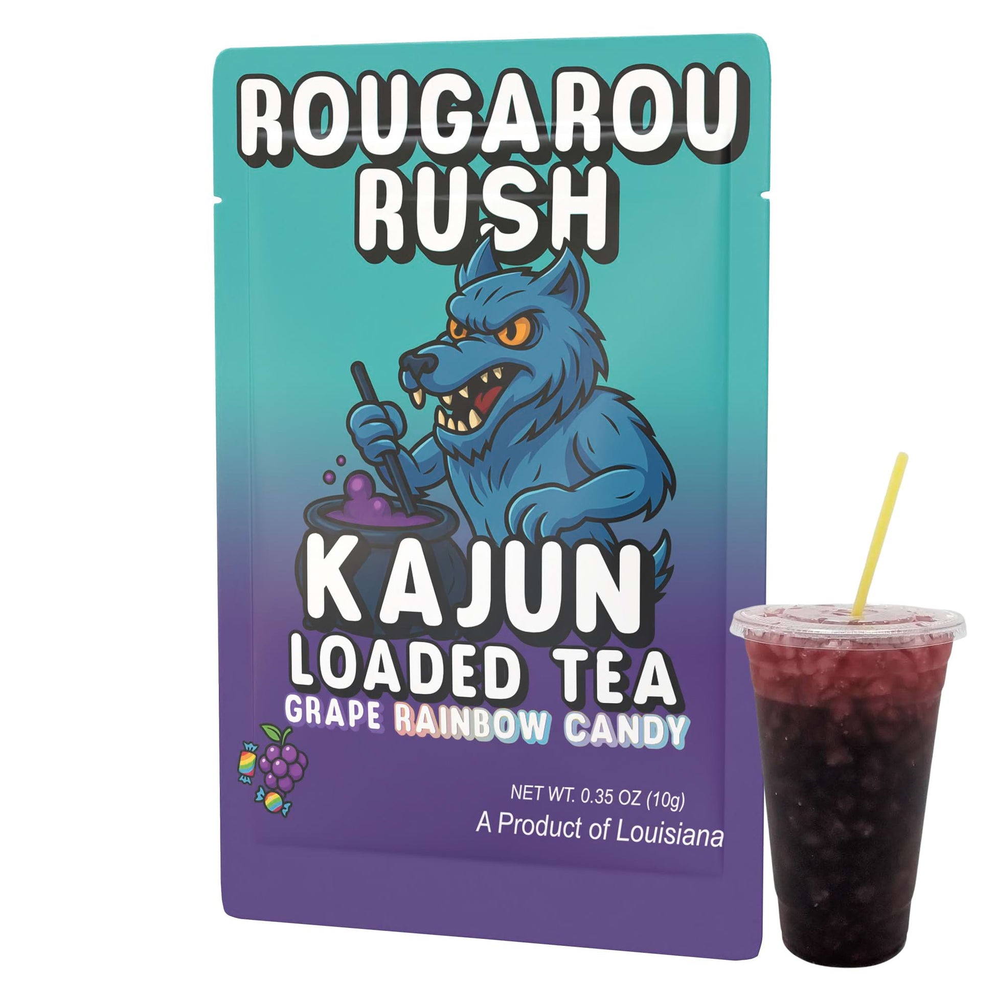 The single Rougarou Rush packet and a cup of the dark purple and red layered loaded tea, showcasing the blue werewolf mascot and the Grape Rainbow Candy flavor.