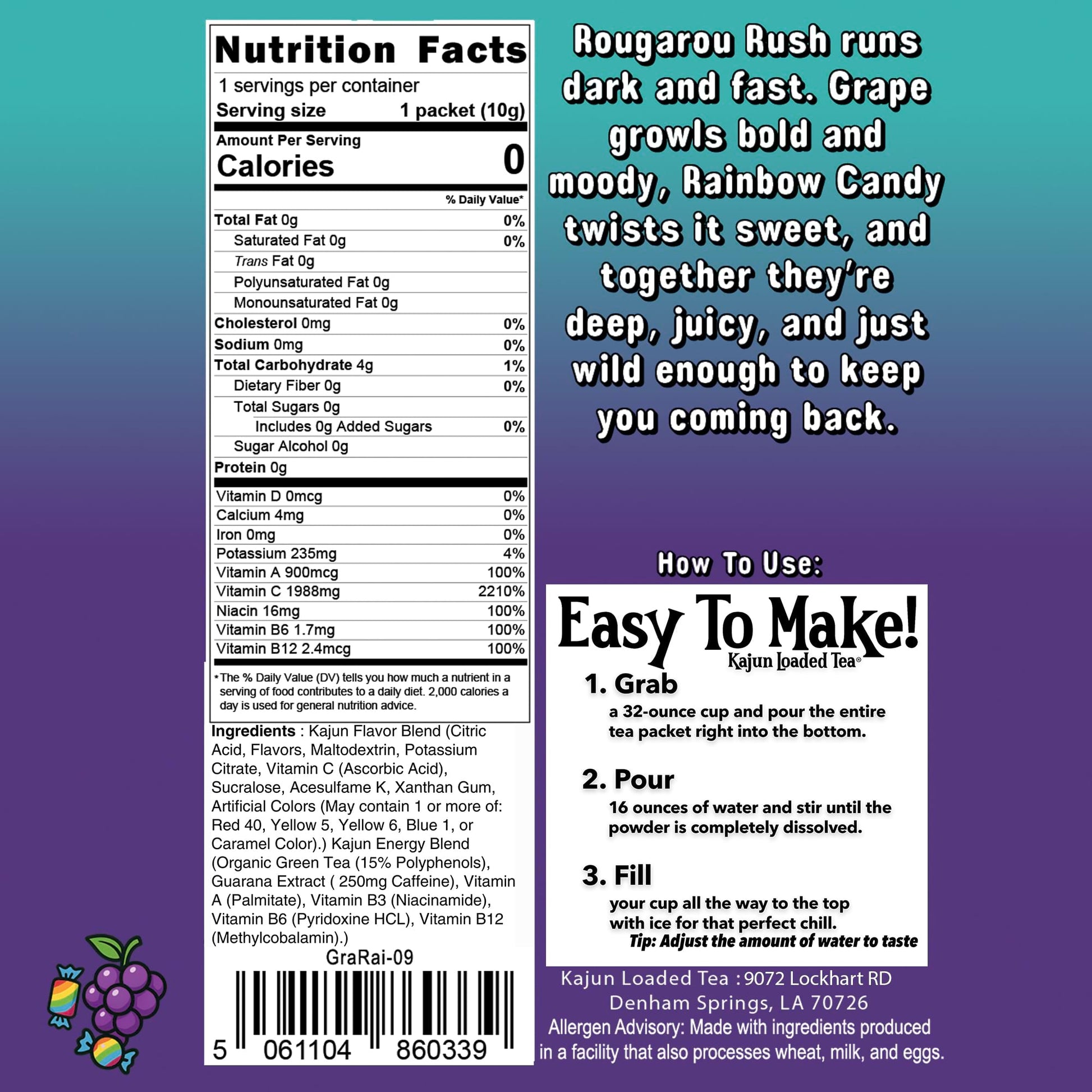 Nutrition Facts panel confirms 0 Calories, 0 Sugar, 1988mg Vitamin C, and contains instructions and flavor text for the Grape Rainbow Candy loaded tea.