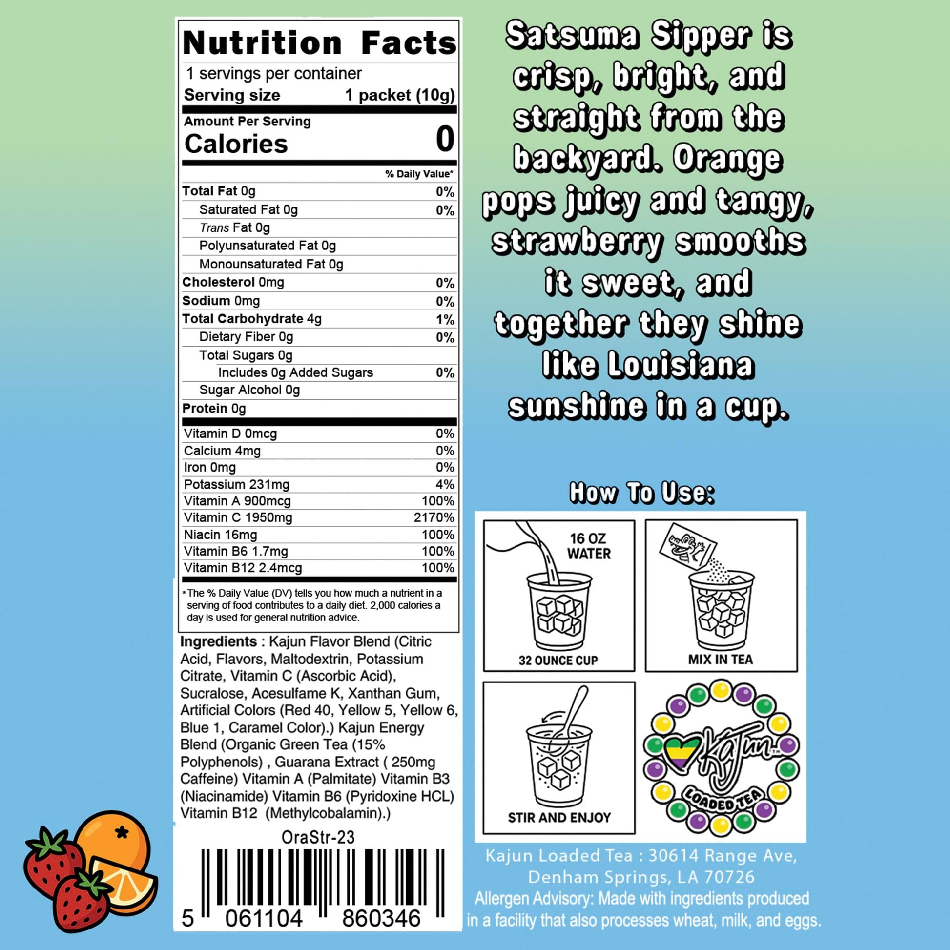 Nutrition Facts panel confirms 0 Calories, 0 Sugar, 1950mg Vitamin C, and contains instructions and flavor text for the Orange Strawberry loaded tea.