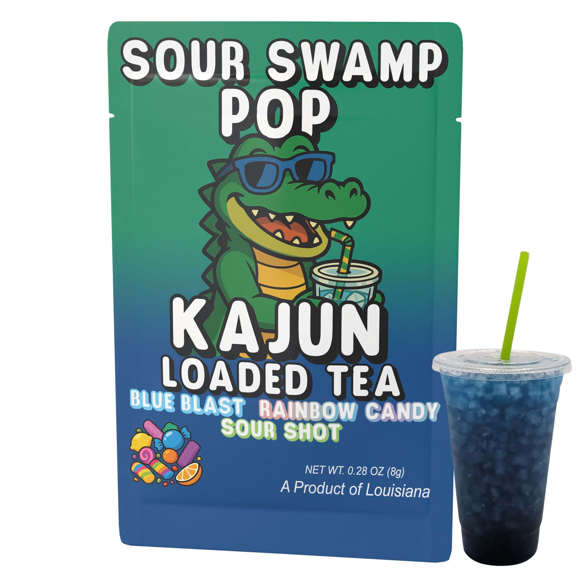 The single Sour Swamp Pop packet and a cup of the dark blue loaded tea, showcasing the alligator mascot and the Blue Blast Rainbow Candy Sour Shot flavor.