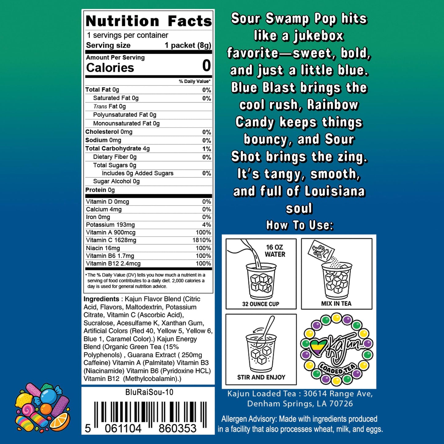 Nutrition Facts panel confirms 0 Calories, 0 Sugar, 1628mg Vitamin C, and contains instructions and flavor text for the Blue Blast Rainbow Candy Sour Shot loaded tea.