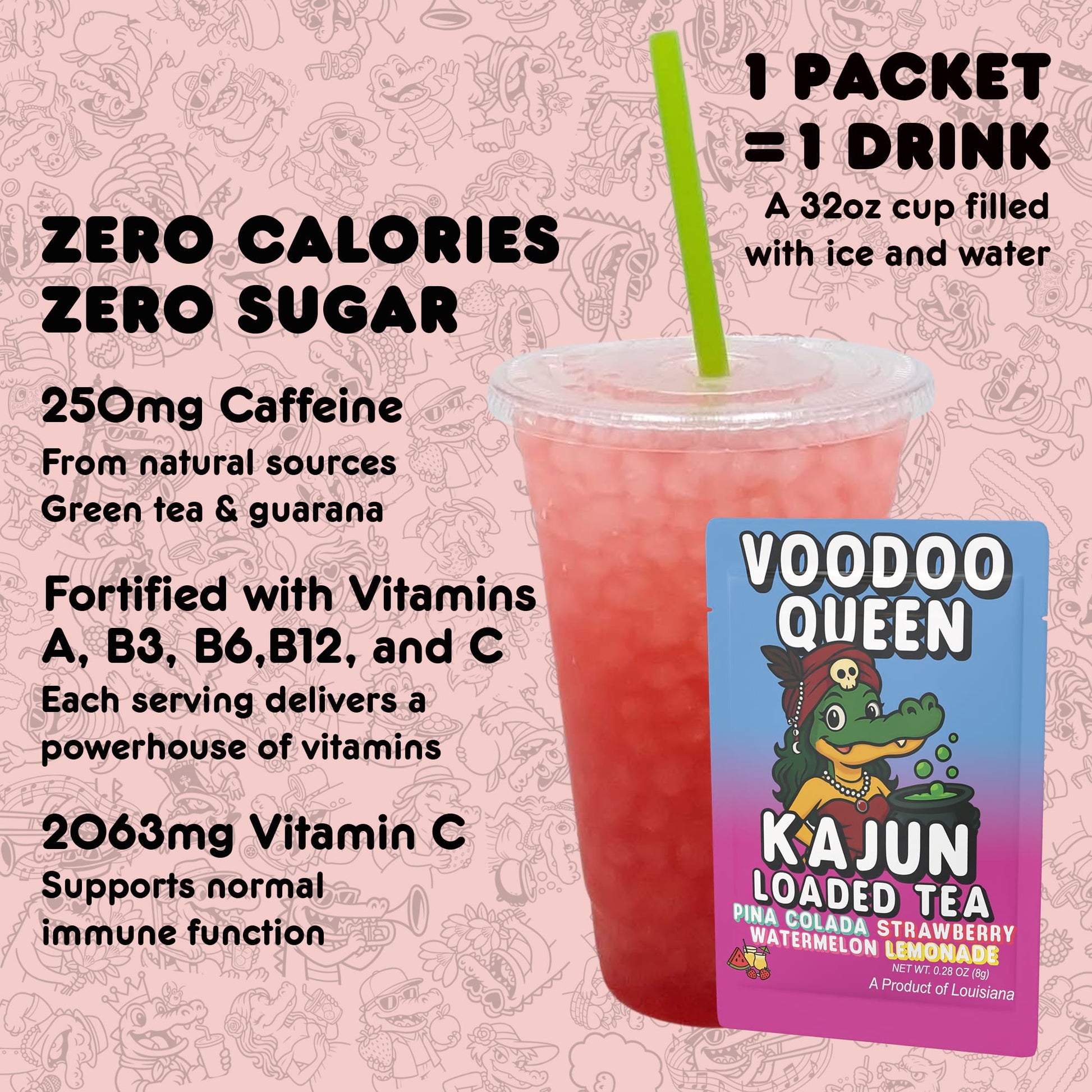 Kajun Loaded Tea drink mix packet shown with a 32oz prepared drink. Zero calories, zero sugar, 250mg natural caffeine, and added vitamins A, B3, B6, B12, and C.