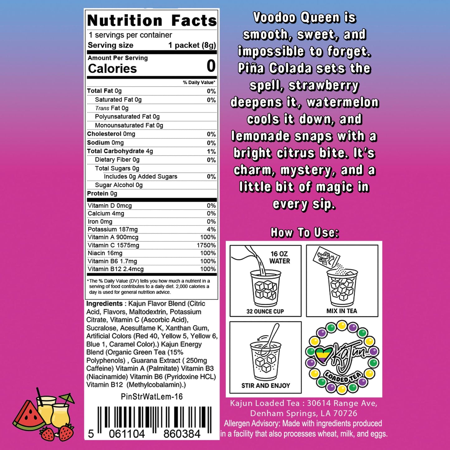 Nutrition Facts panel confirms 0 Calories, 0 Sugar, 1575mg Vitamin C, and contains instructions and flavor text for the Piña Colada Strawberry Watermelon Lemonade loaded tea.