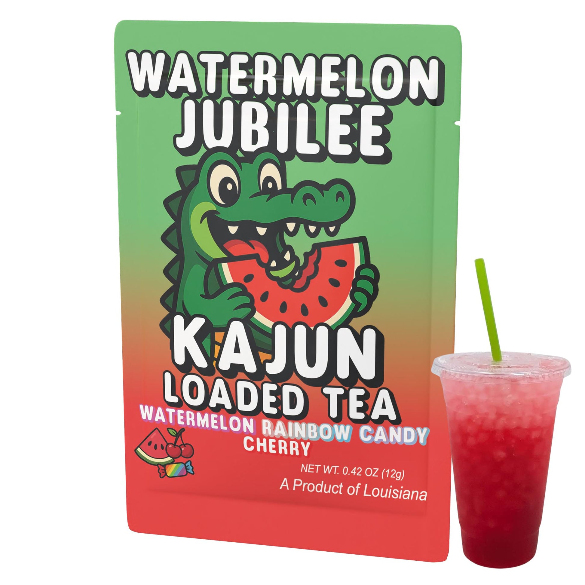 The single Watermelon Jubilee packet and a cup of the vibrant red loaded tea, showcasing the alligator mascot and the Watermelon Rainbow Candy Cherry flavor.