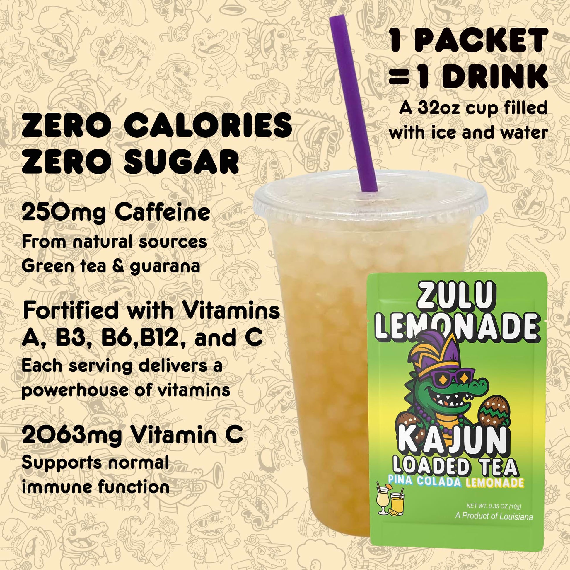 Kajun Loaded Tea drink mix packet shown with a 32oz prepared drink. Zero calories, zero sugar, 250mg natural caffeine, and added vitamins A, B3, B6, B12, and C.