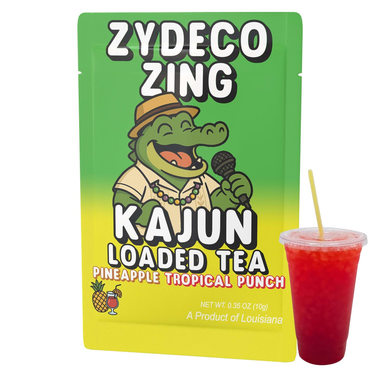 The single Zydeco Zing packet and a cup of the vibrant red loaded tea, showcasing the alligator mascot and the Pineapple Tropical Punch flavor.
