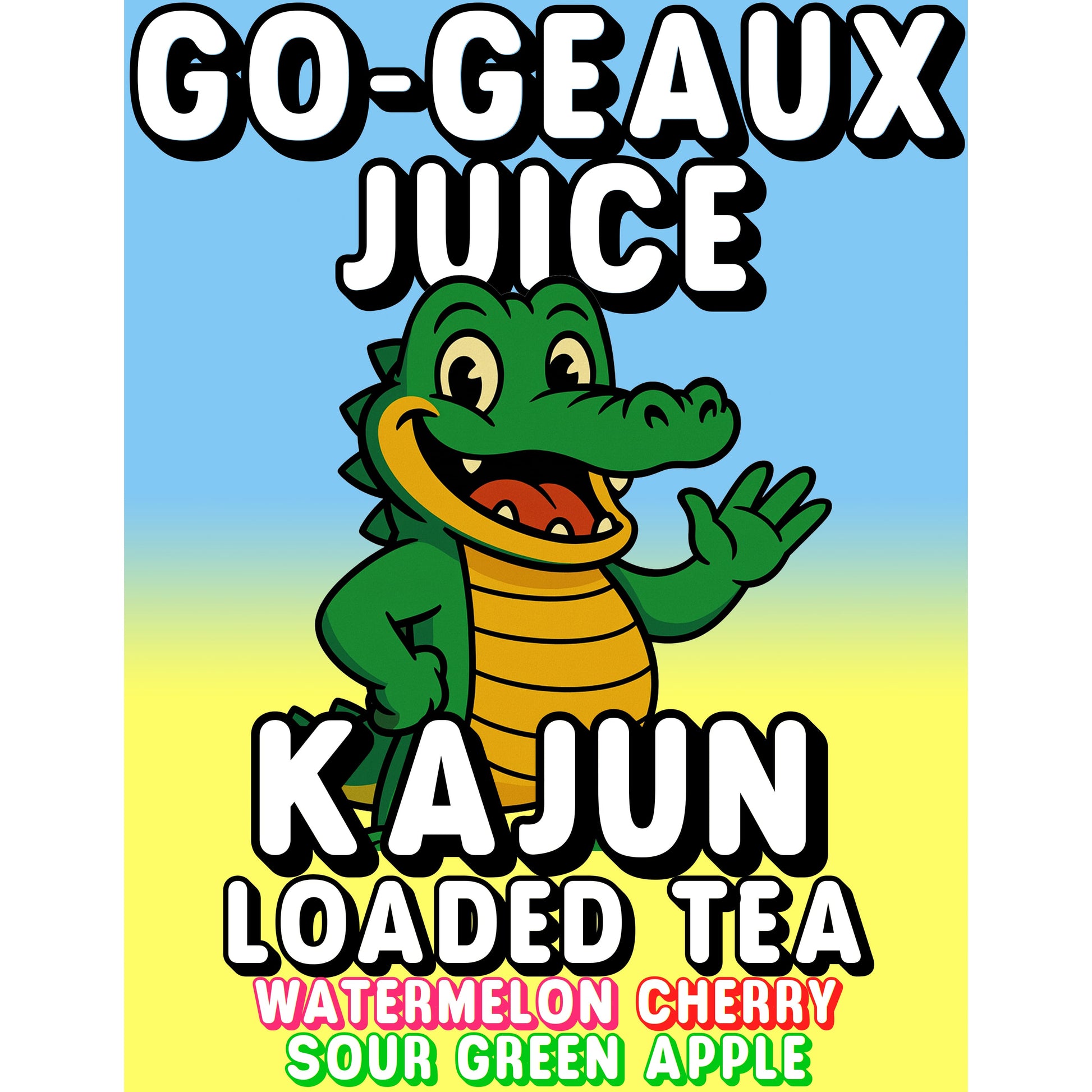 Go-Geaux Juice by Kajun Loaded Tea. Flavors: Watermelon, Sour Green Apple, and Cherry