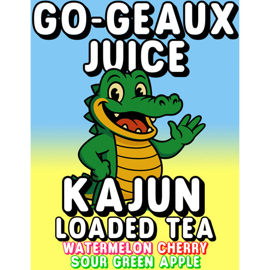 Go-Geaux Juice by Kajun Loaded Tea. Flavors: Watermelon, Sour Green Apple, and Cherry