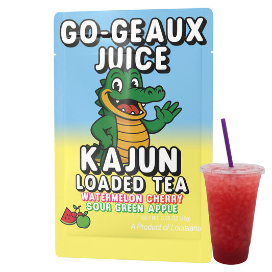 Go-Geaux Juice by Kajun Loaded Tea. Flavors: Watermelon, Sour Green Apple, and Cherry