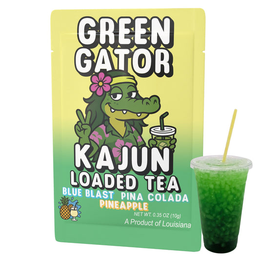 Green Gator by Kajun Loaded Tea. Flavors: Blue Blast, Pina Colada, and Pineapple