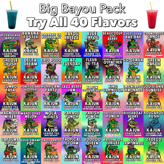 A grid showing the top flavors in the big bayou 40-pack