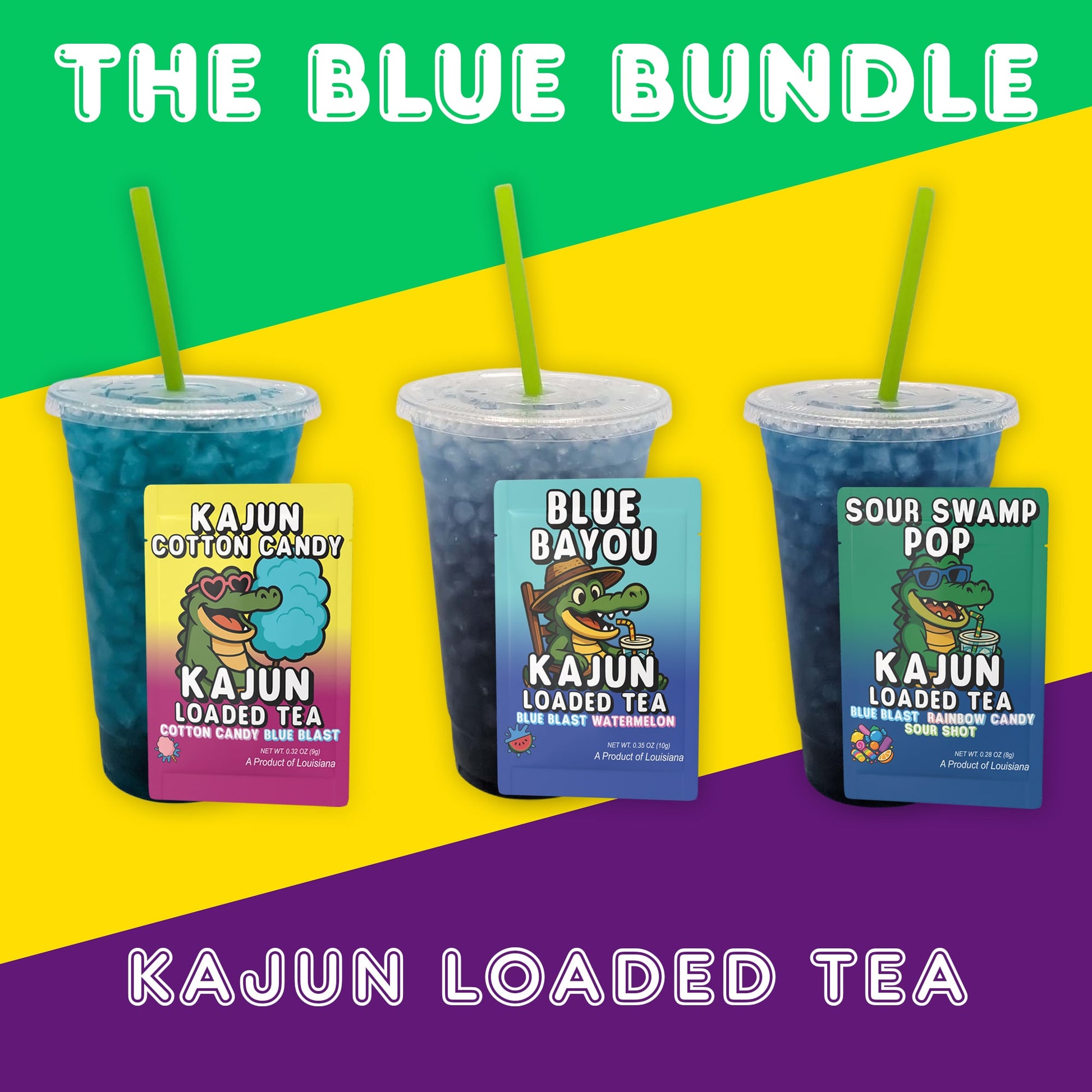 Three blue drinks on a green, yellow, and purple background with 'Kajun Loaded Tea' branding. Text at top reads "The Blue Bundle"