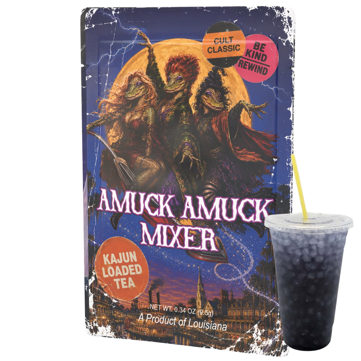 A bag of Amuck Amuck Mixer Kajun Loaded Tea stands next to a clear plastic cup filled with dark tea and a yellow straw, on a white background.