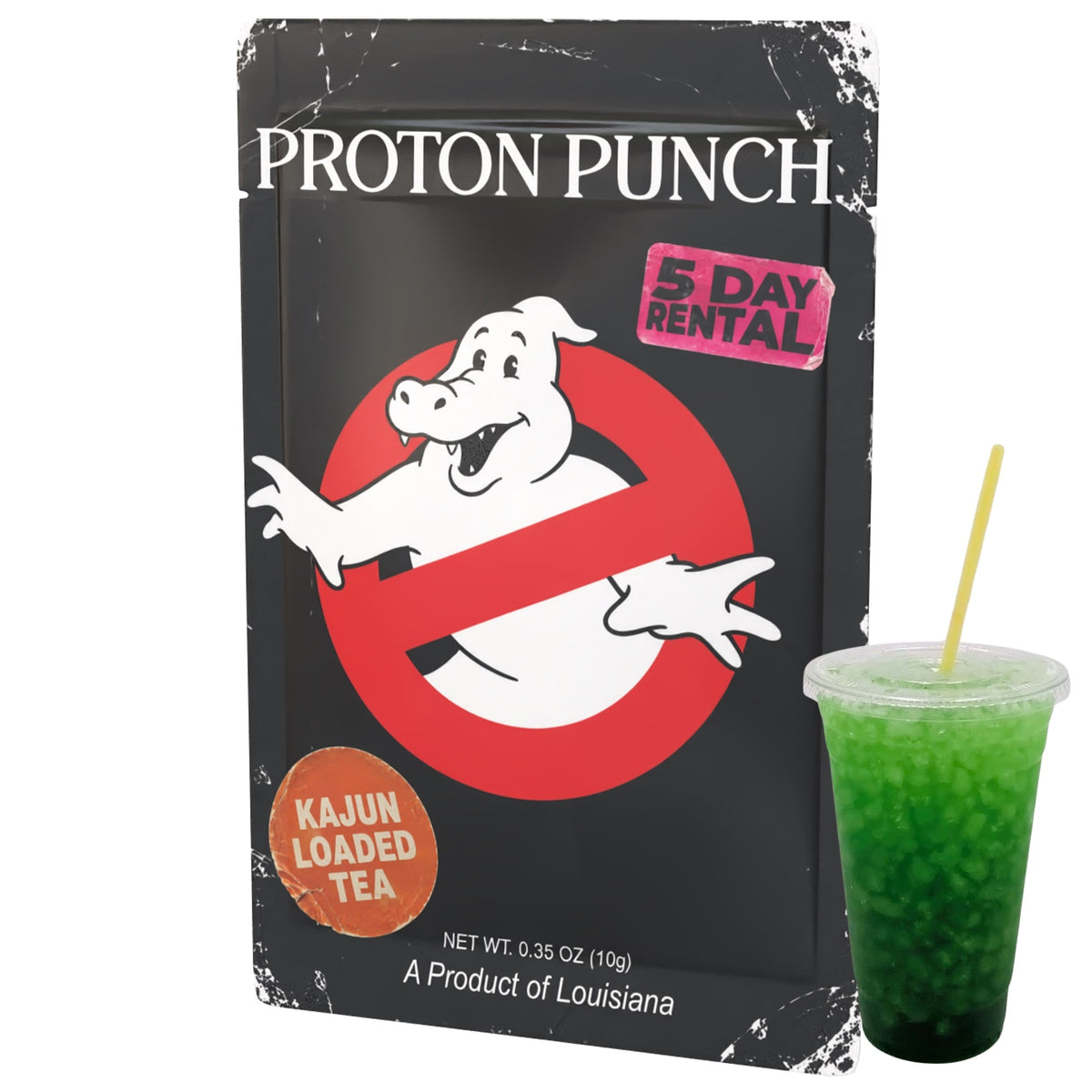 Proton Punch Ghostbusters-themed pouch packaging next to a green iced tea drink in a clear plastic cup with a yellow straw on a white background.