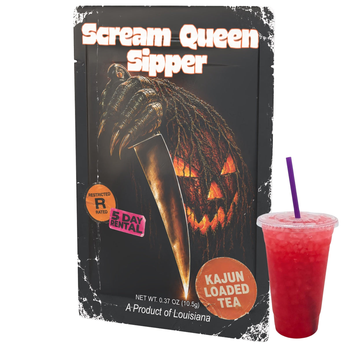 A product package for 'Scream Queen Sipper' tea on a white background, next to a red iced drink in a clear cup with a purple straw. The package features a horror-themed illustration of a clawed hand holding a knife, with orange text reading 'Scream Queen Sipper' and 'KAJUN LOADED TEA'.