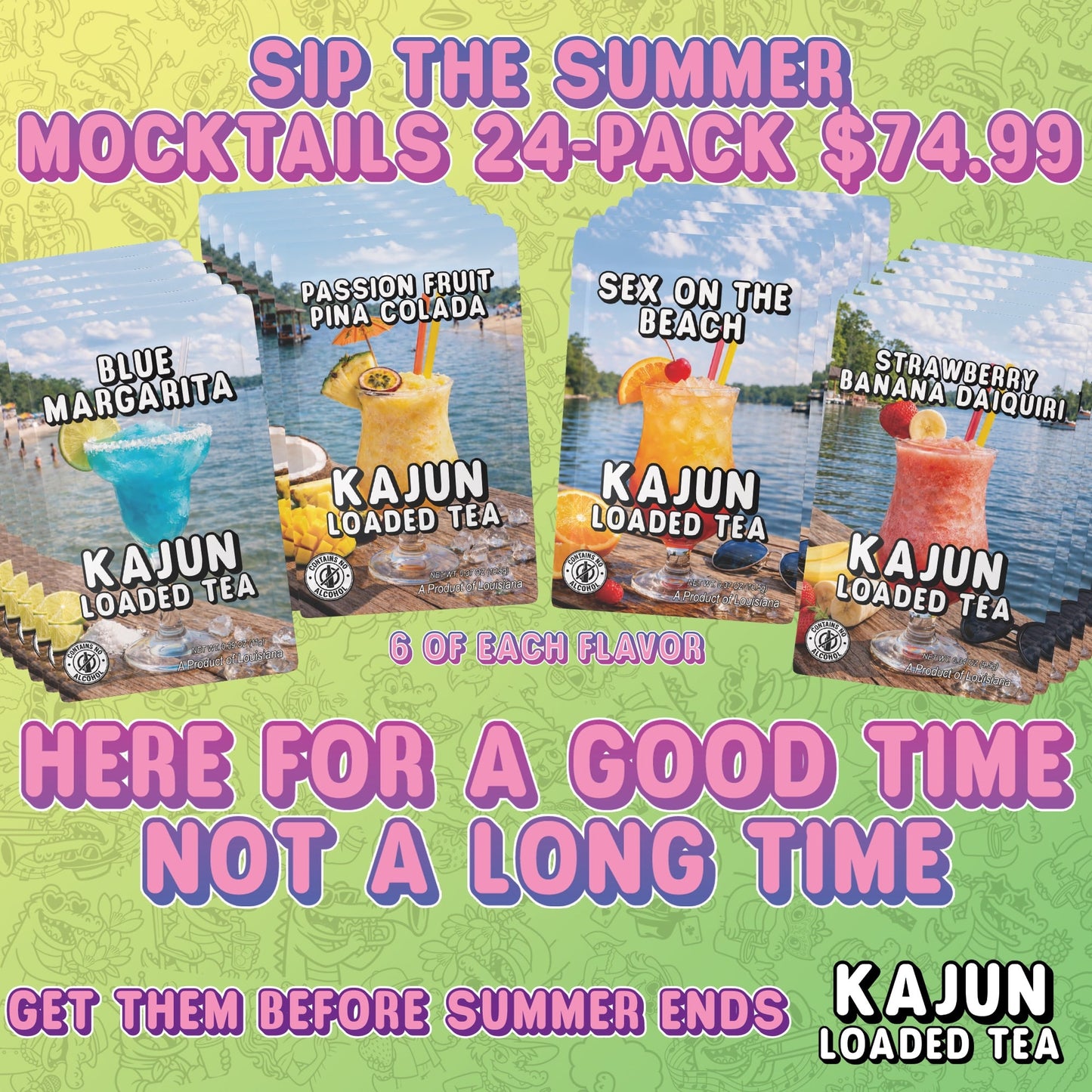 Promotional graphic for Kajun Loaded Tea mocktails with images of drinks and text on a green background.