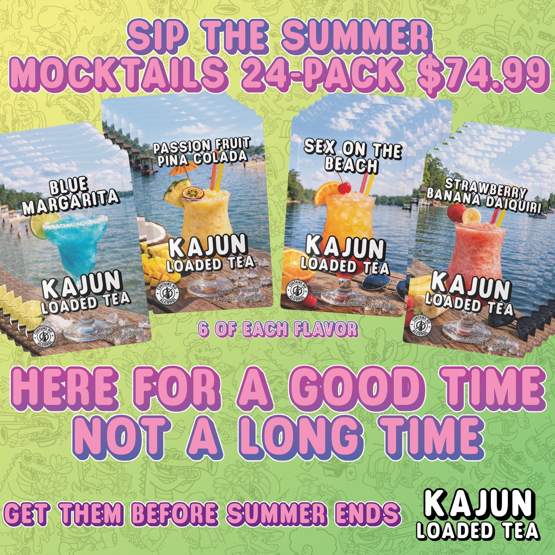 Promotional graphic for Kajun Loaded Tea mocktails with images of drinks and text on a green background.