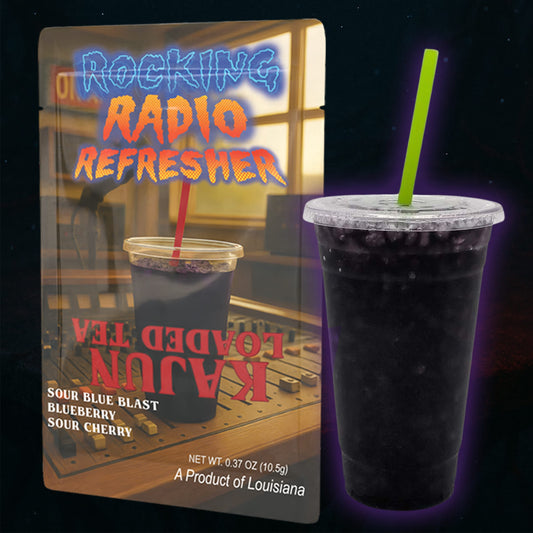 Rocking Radio Refresher product with packaging and a cup of dark purple loaded tea.