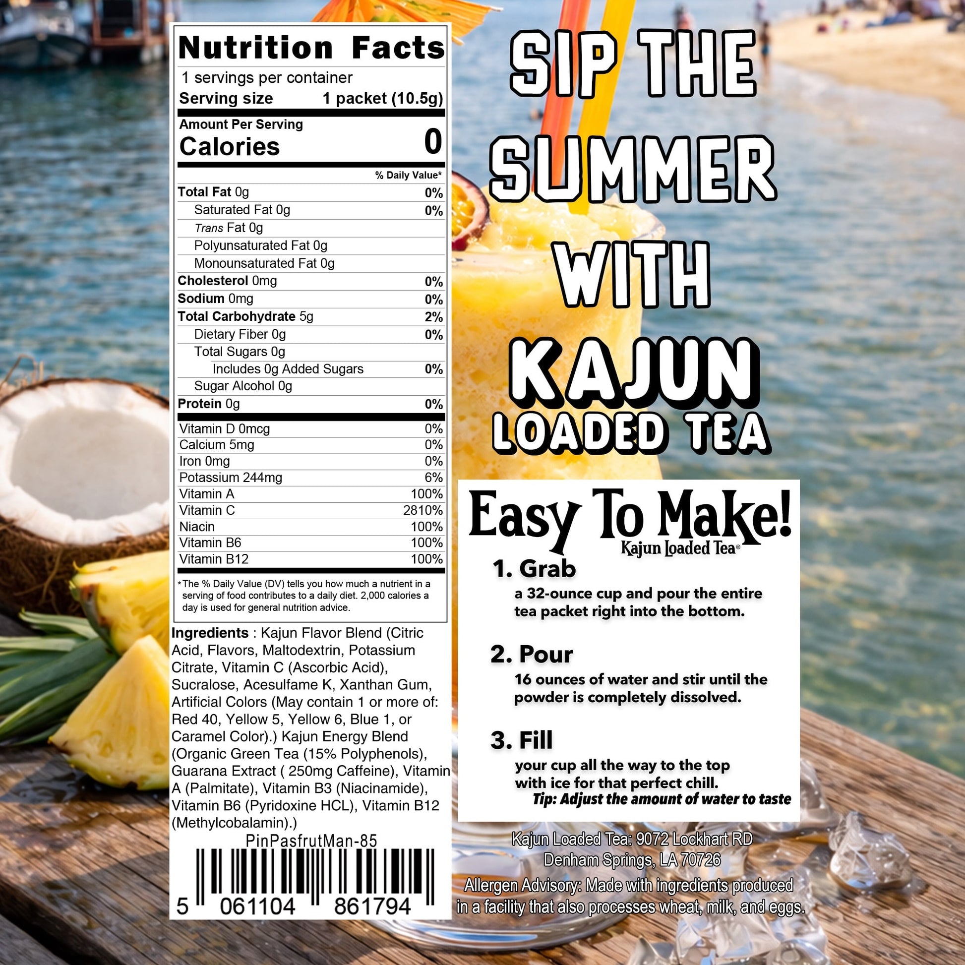 Kajun Loaded Tea packaging with nutrition facts and preparation instructions, set against a beach background.