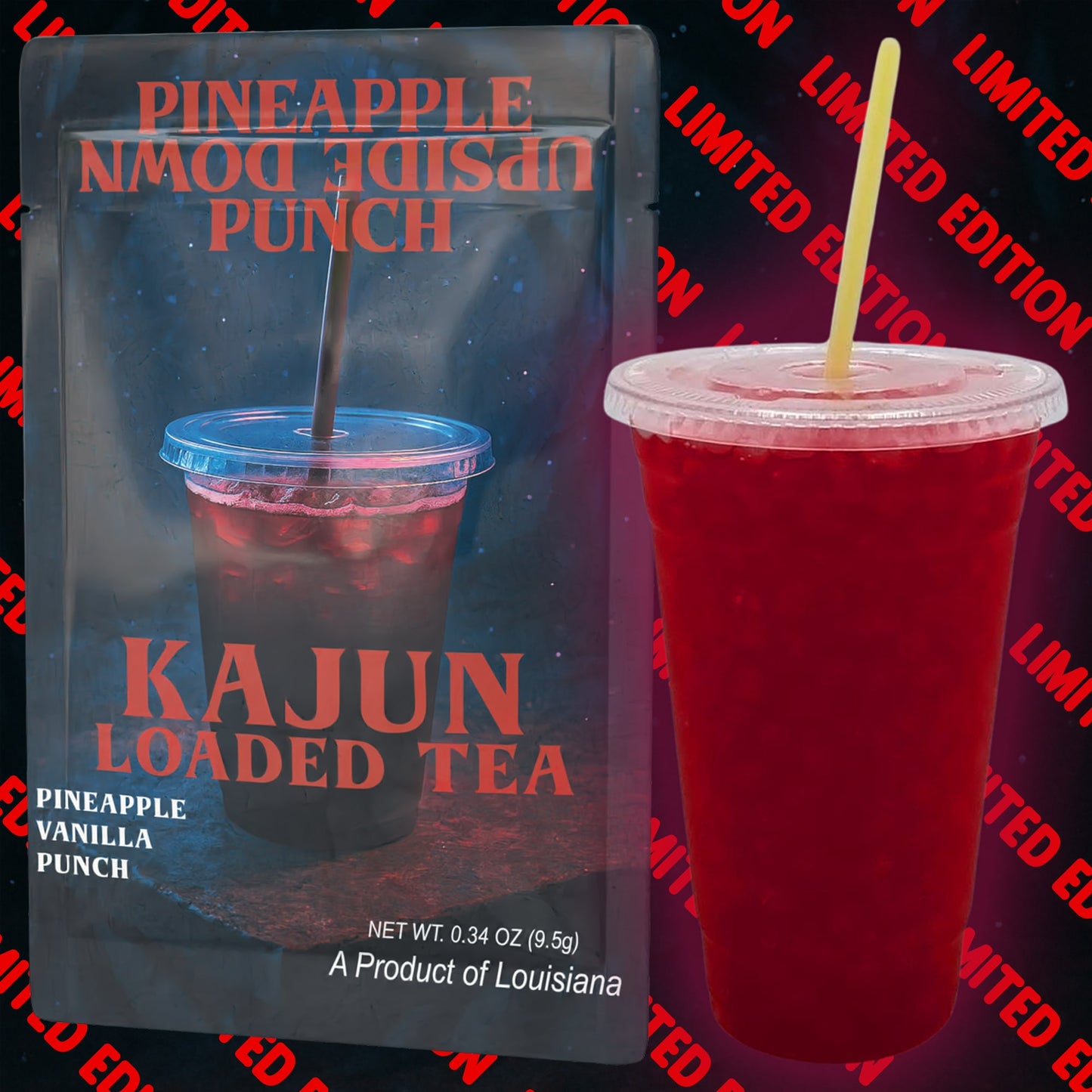 Red loaded tea with a yellow straw in front of a 'Pineapple Upside Down Punch' package.