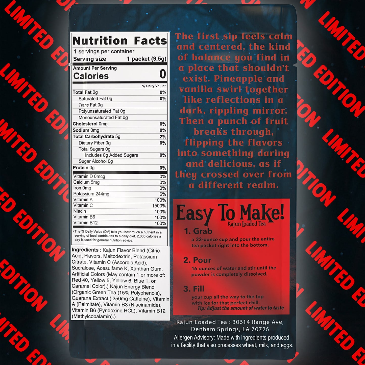 Nutrition label and instructions on a product packaging with 'Limited Edition' text overlay.