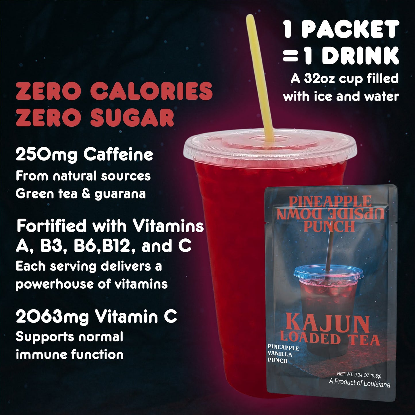 Kajun Loaded Tea Pineapple Upside Down Punch packet in front of a red drink on a dark background