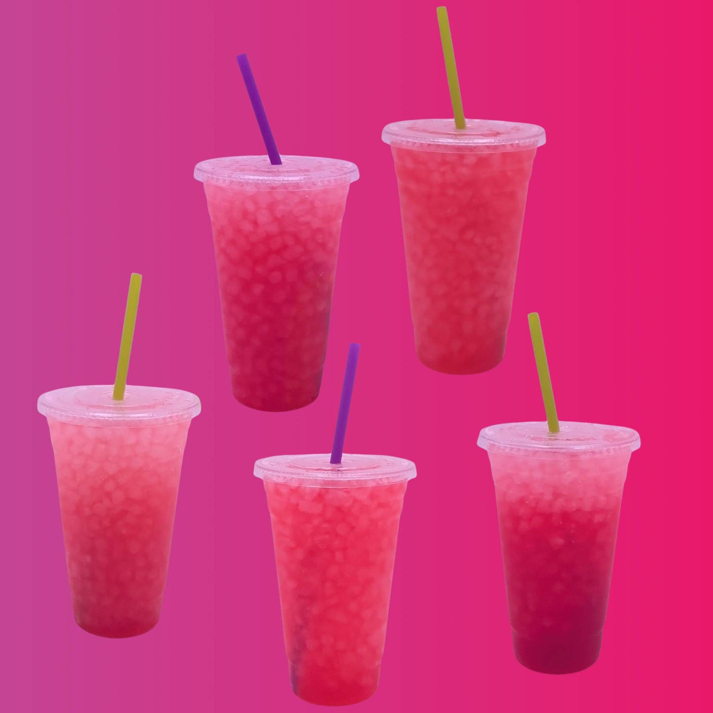 Pink loaded tea drinks with straws on a pink background
