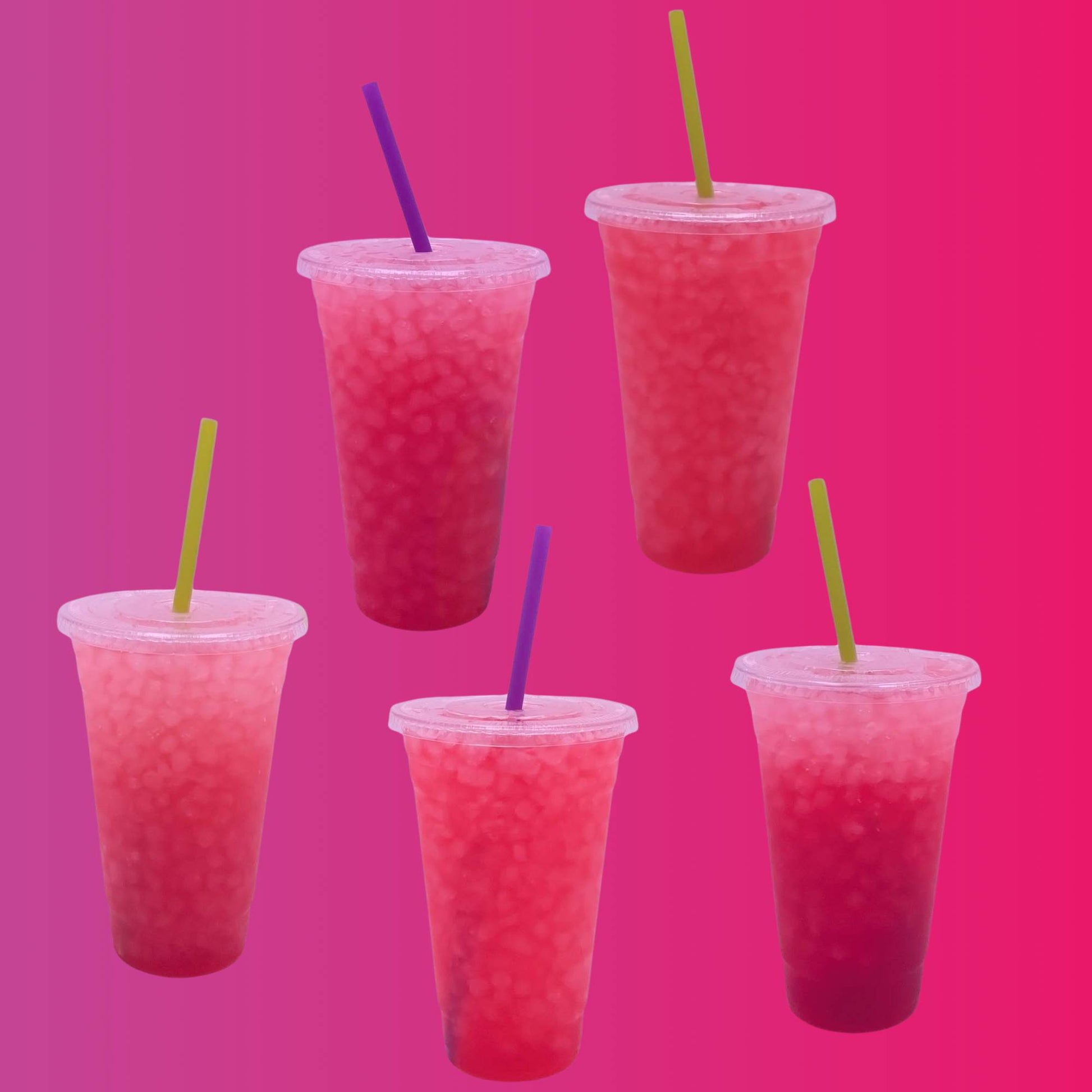 Pink loaded tea drinks with straws on a pink background