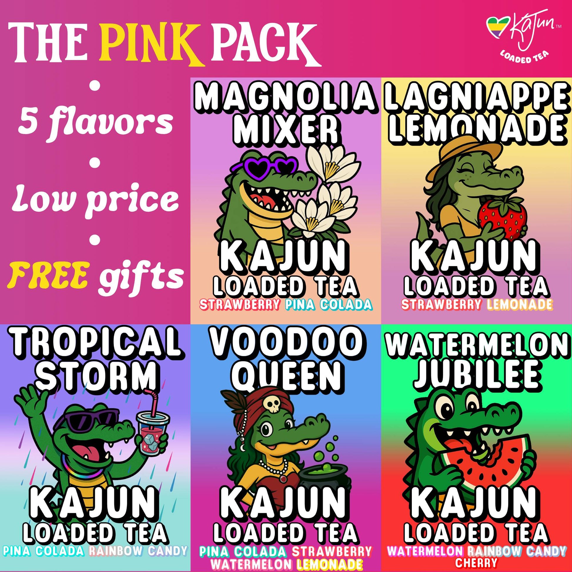 Promotional graphic for Kajun Loaded Tea with colorful design and tea flavors listed.