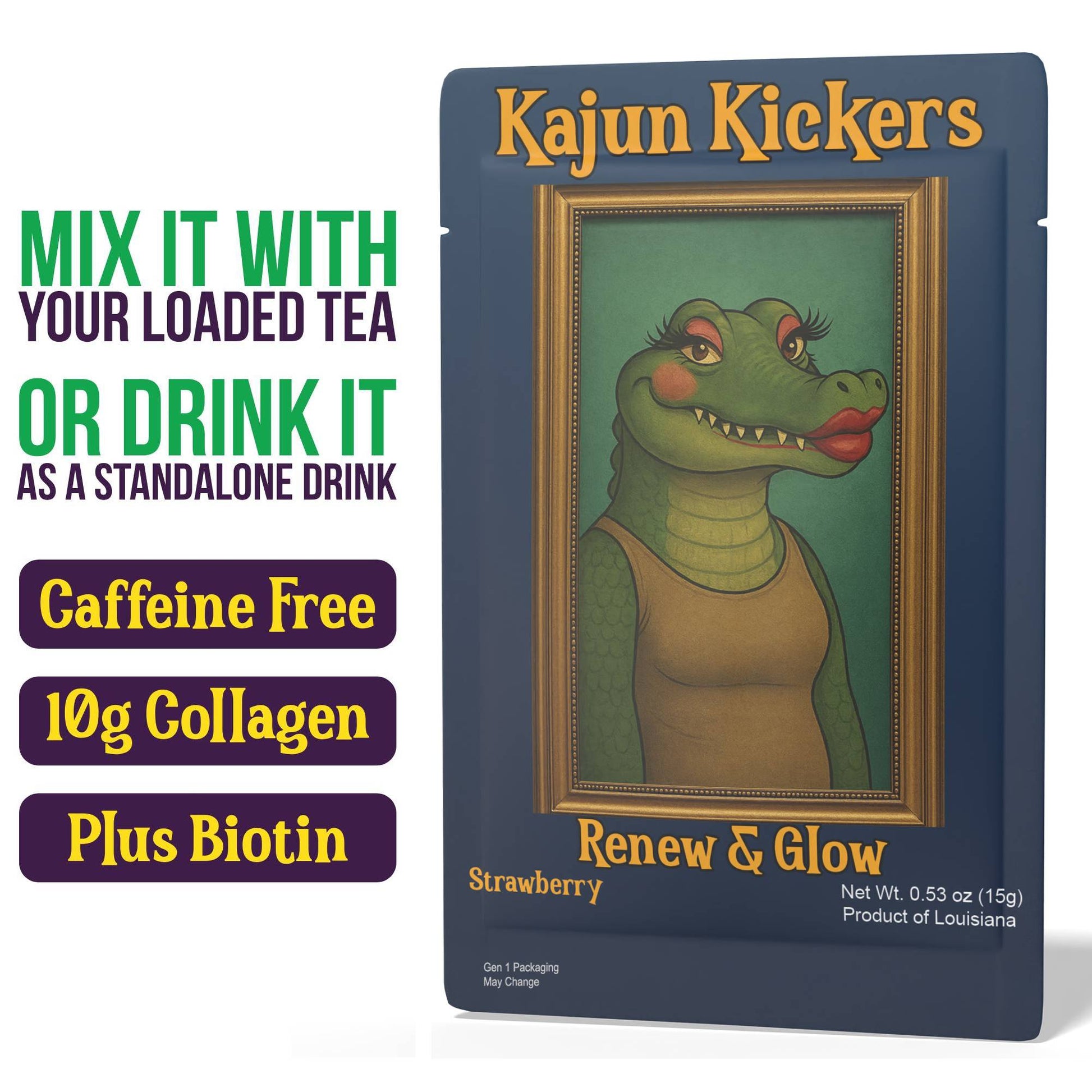 Kajun Kickers drink mix package with a cartoon alligator on a white background. Text next to package reads "Mix it with your loaded tea or drink it as a standalone drink. Caffeine free, 10 grams collagen, plus biotin. Strawberry flavor"