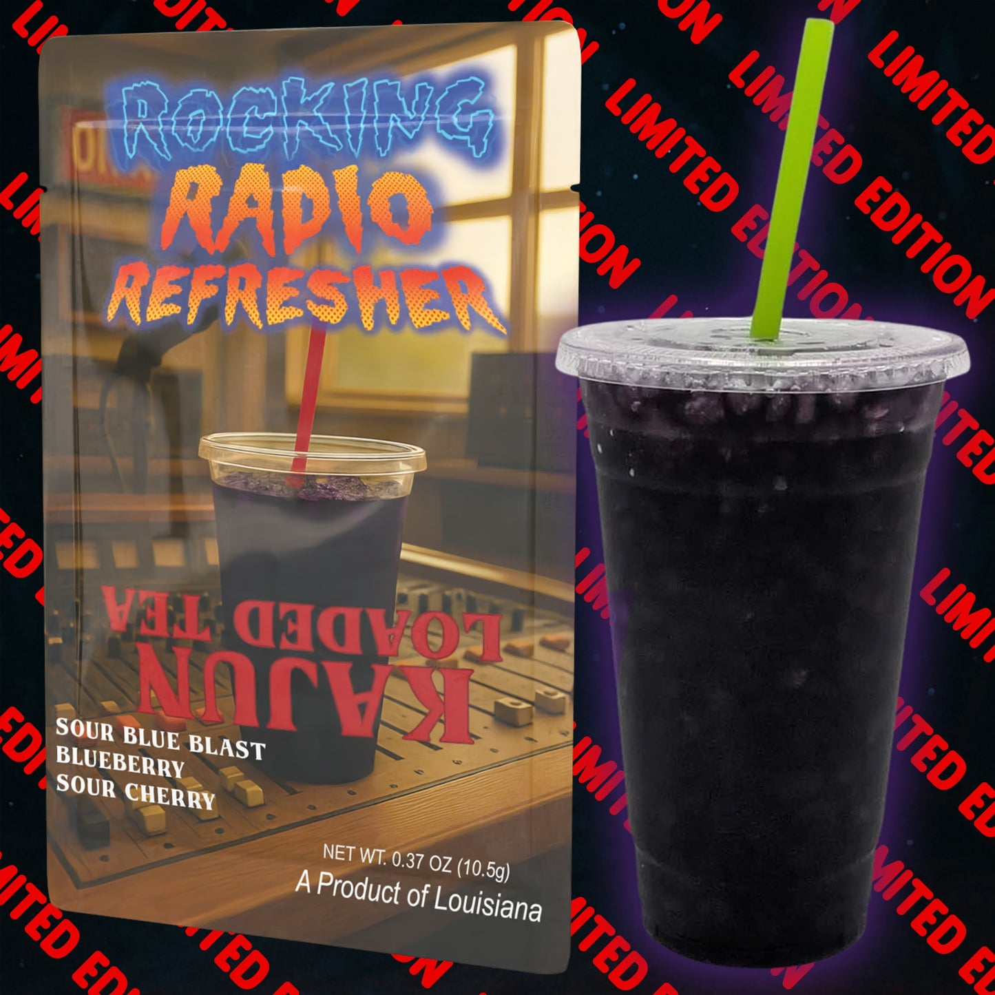 Dark purple loaded tea with a green straw in front of a 'Rocking Radio Refresher' package.