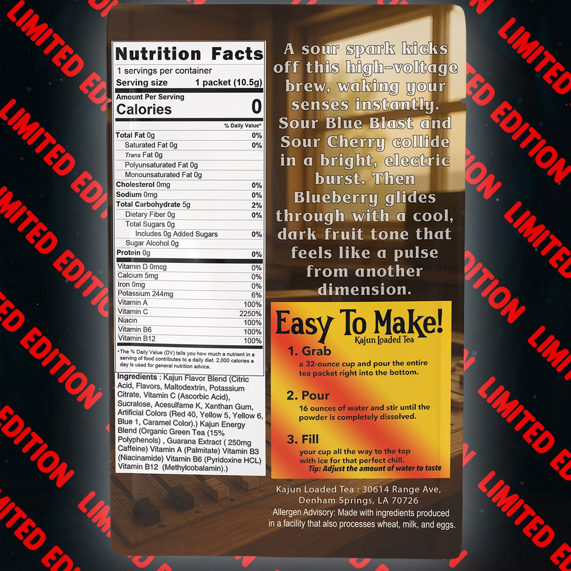 Loaded tea packet with nutrition facts and instructions on a black background with red text.