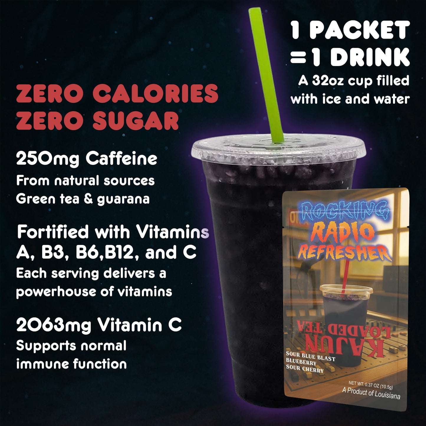 Rocking Radio Refresher drink with nutritional information on a dark background