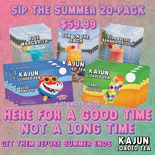Rows of loaded tea packets, five different flavors, with text that reads Sip the Summer 20-Pack. 4 of each flavor.