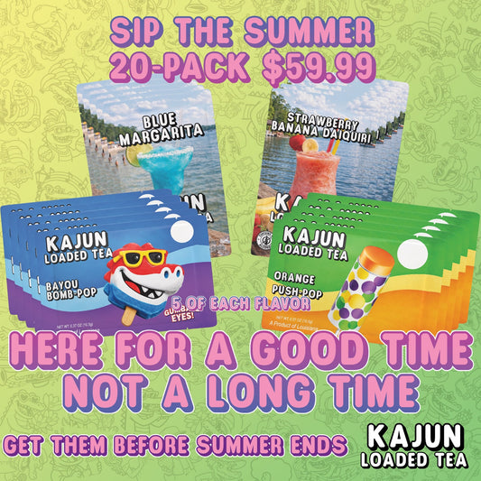 Promotional graphic for a 20-pack of Kajun Loaded Tea featuring four different flavor boxes: Blue Margarita, Strawberry Banana Daiquiri, Bayon Bomb Pop, and Orange Push Pop, with large text overlays on a lime green patterned background.