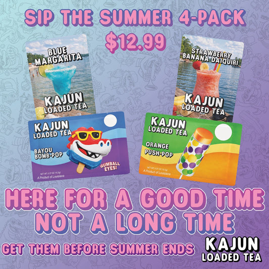 Promotional graphic for a summer 4-pack of Kajun Loaded Tea beverages. The image features four drinks: Blue Margarita, Strawberry Banana Daiquiri, Bayou Bomb-Pop, and Orange Push Pop, set against a light purple patterned background with bold pink and white text.