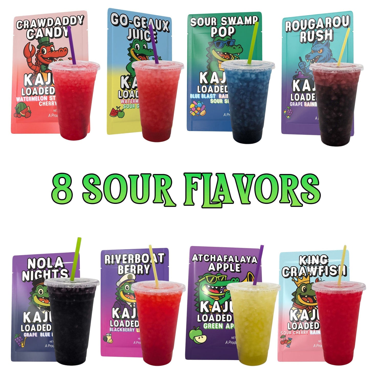Eight loaded tea drinks standing next to their packet art. Text on image reads "8 sour flavors"