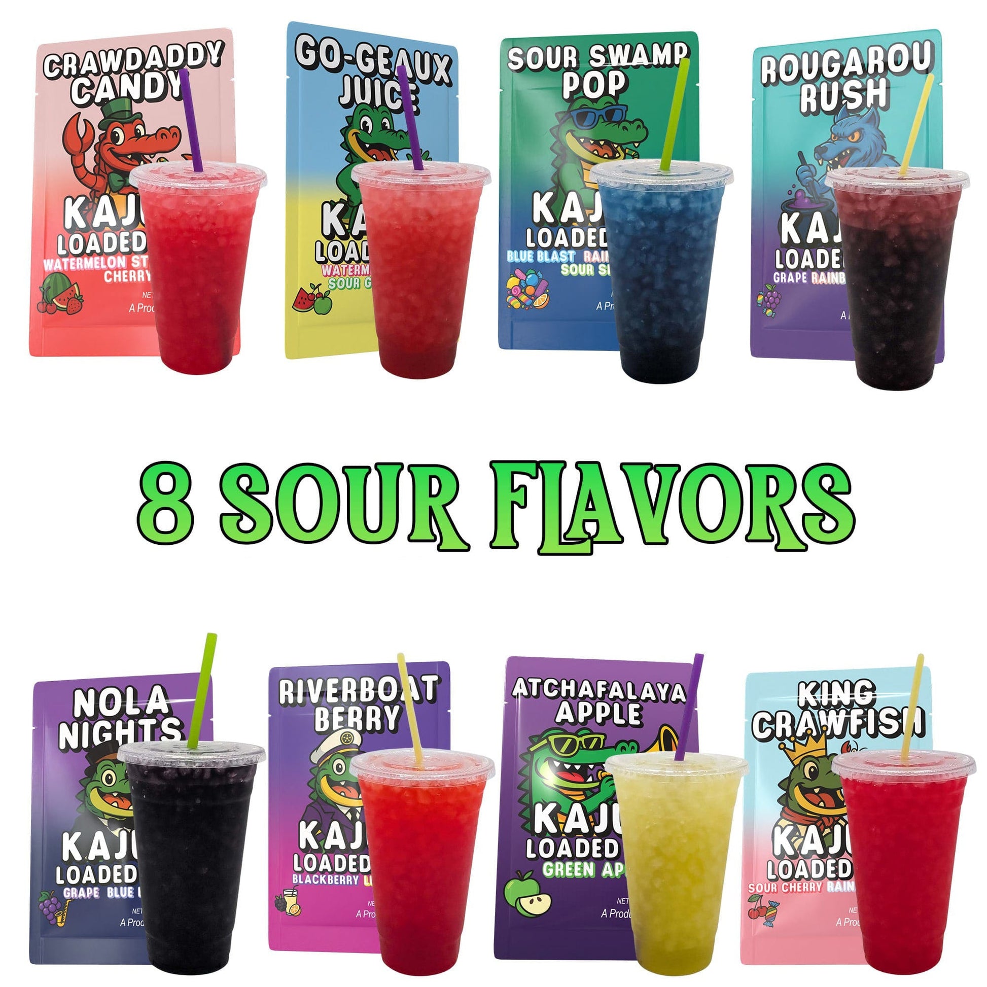 Eight loaded tea drinks standing next to their packet art. Text on image reads "8 sour flavors"