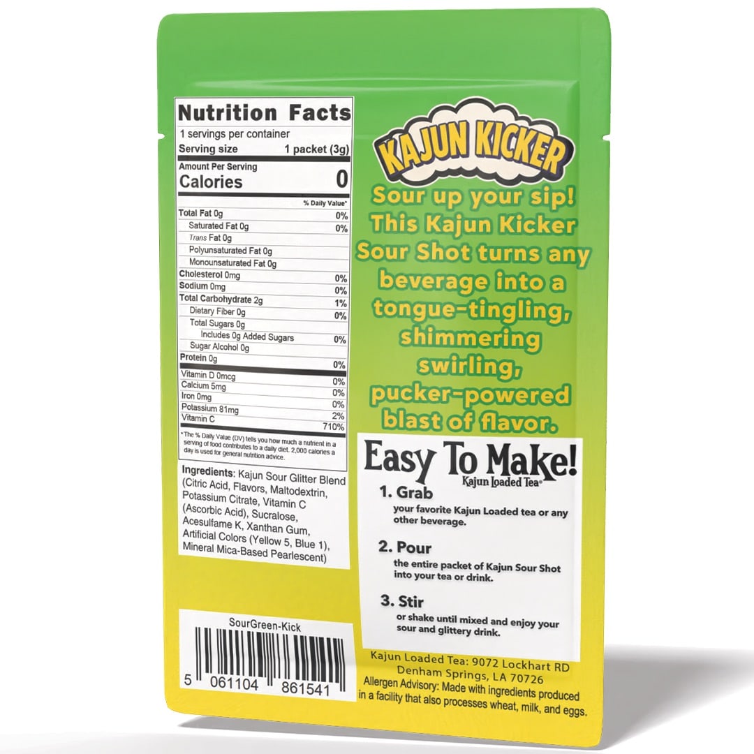 Kajun Kicker Sour Shot packaging with nutritional information and usage instructions on a white background