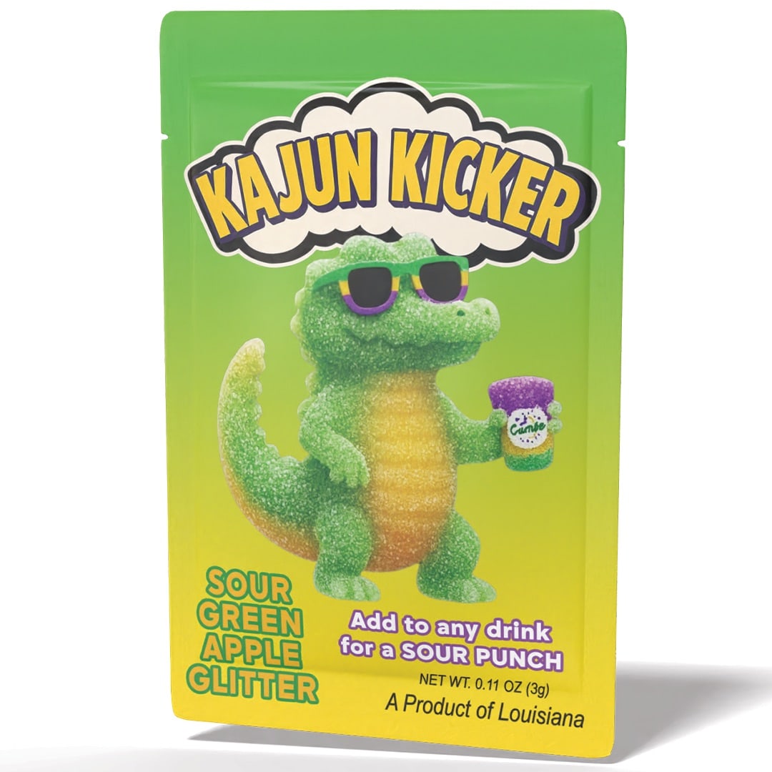 Kajun Kicker Sour Green Apple Glitter product packaging with a cartoon alligator on a white background